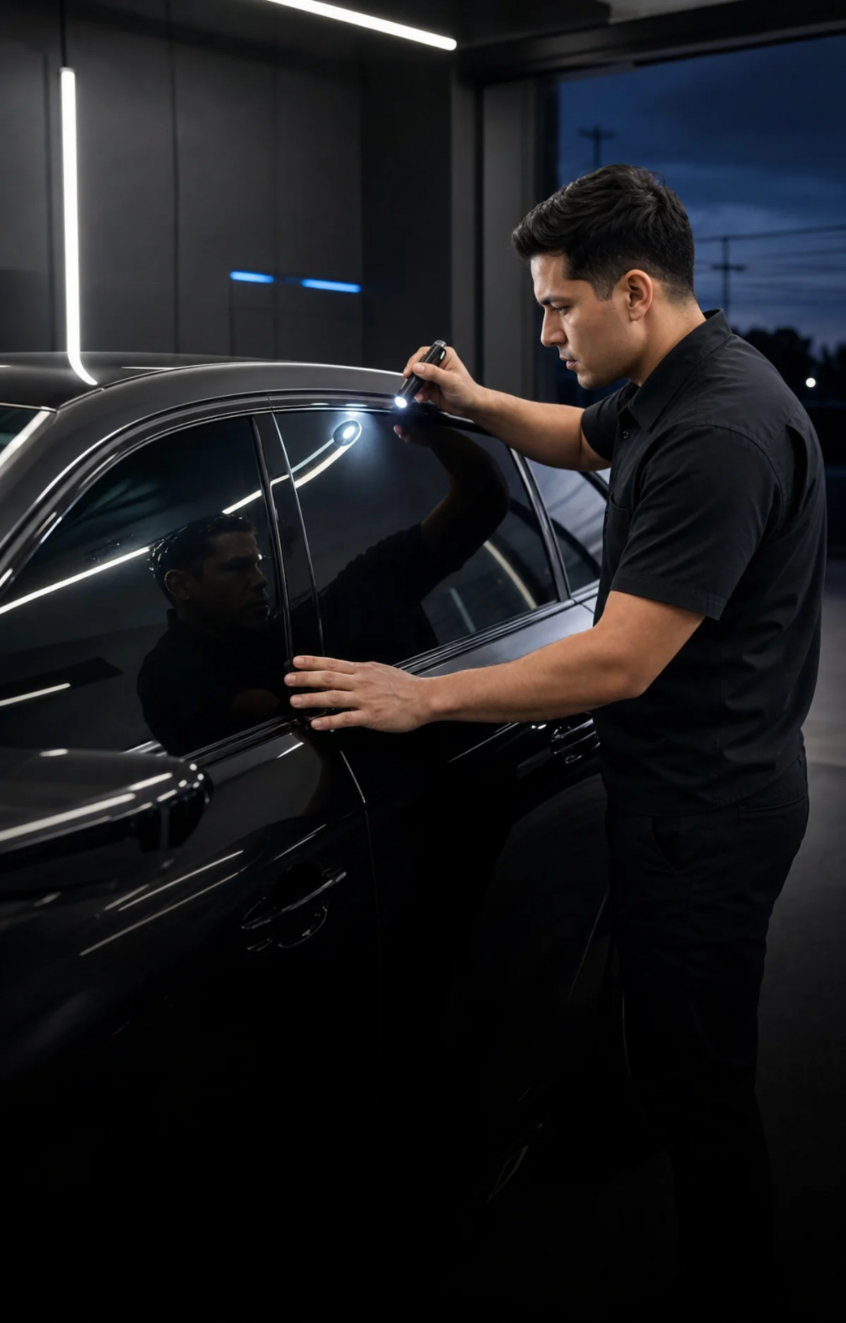 An installer performing a final quality inspection on newly tinted glass